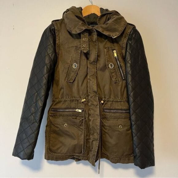 Zara women olive green winter jacket with faux leather quilted small sleeves - Picture 1 of 9
